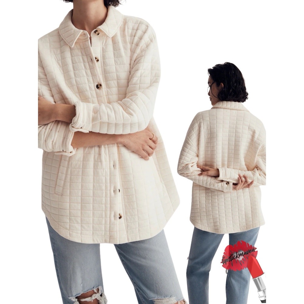 Madewell Jacket Women Medium‎ Cream Quilted Shacket Button Up Pocket Coat Core